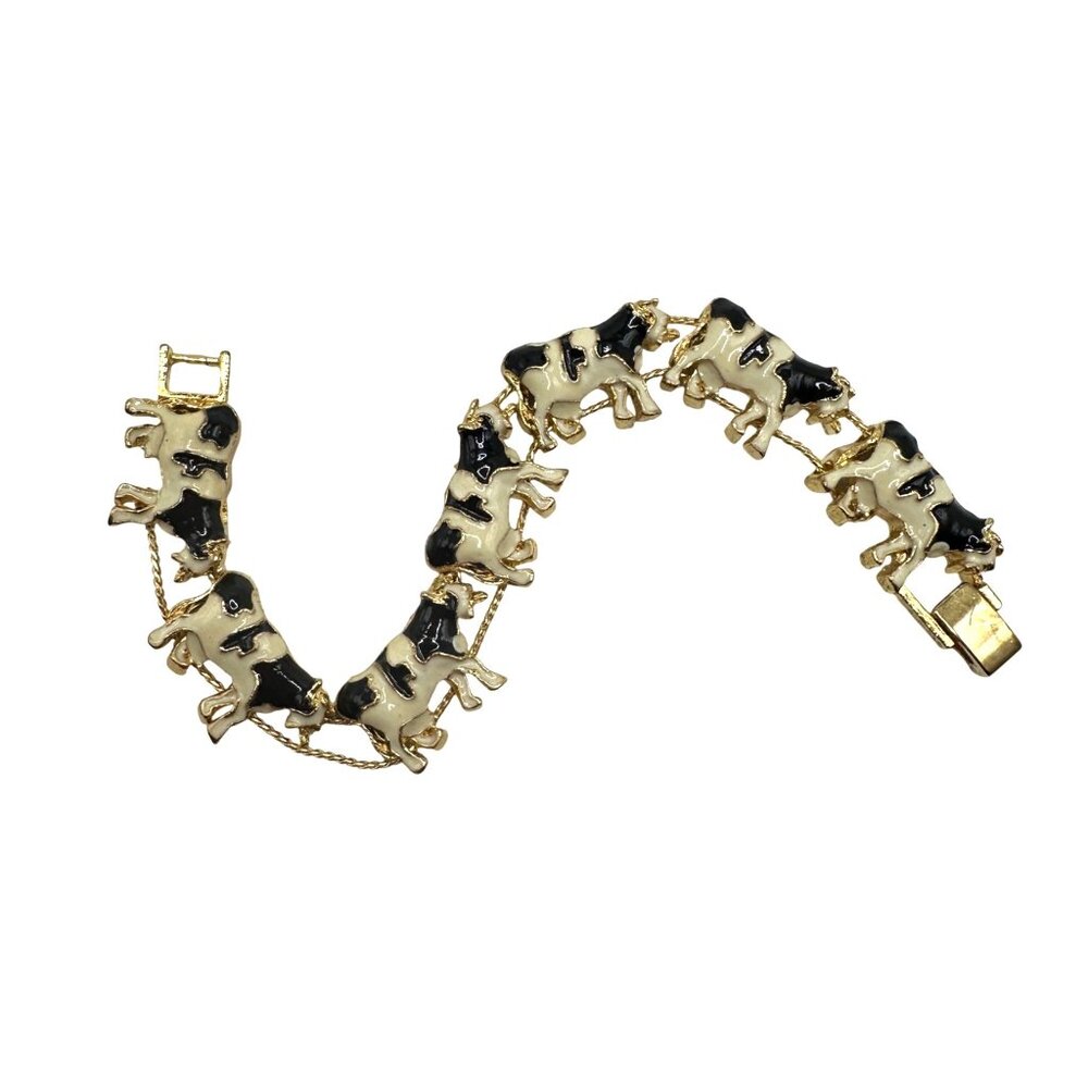 Vintage Enameled Holstein Dairy Cow Charm Slide Bracelet GOLD Black White Milk